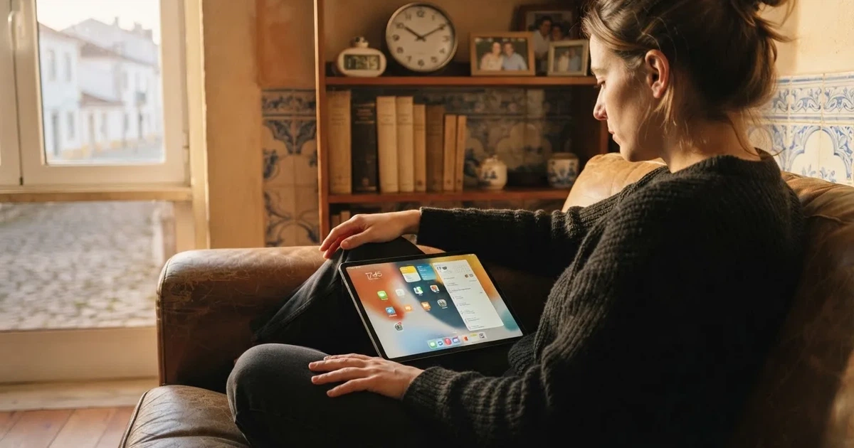 Pessoa num sofá a olhar pensativa para um tablet, com um relógio na parede atrás — online casino bónus para os portugueses