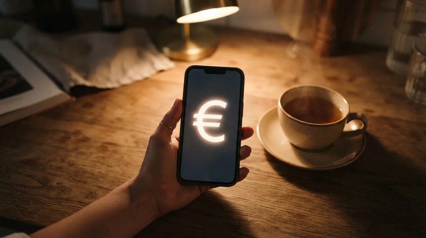 Mão a segurar um telemóvel ao lado de uma chávena de chá numa mesa de cozinha, numa noite tranquila — online casinos em portugal
