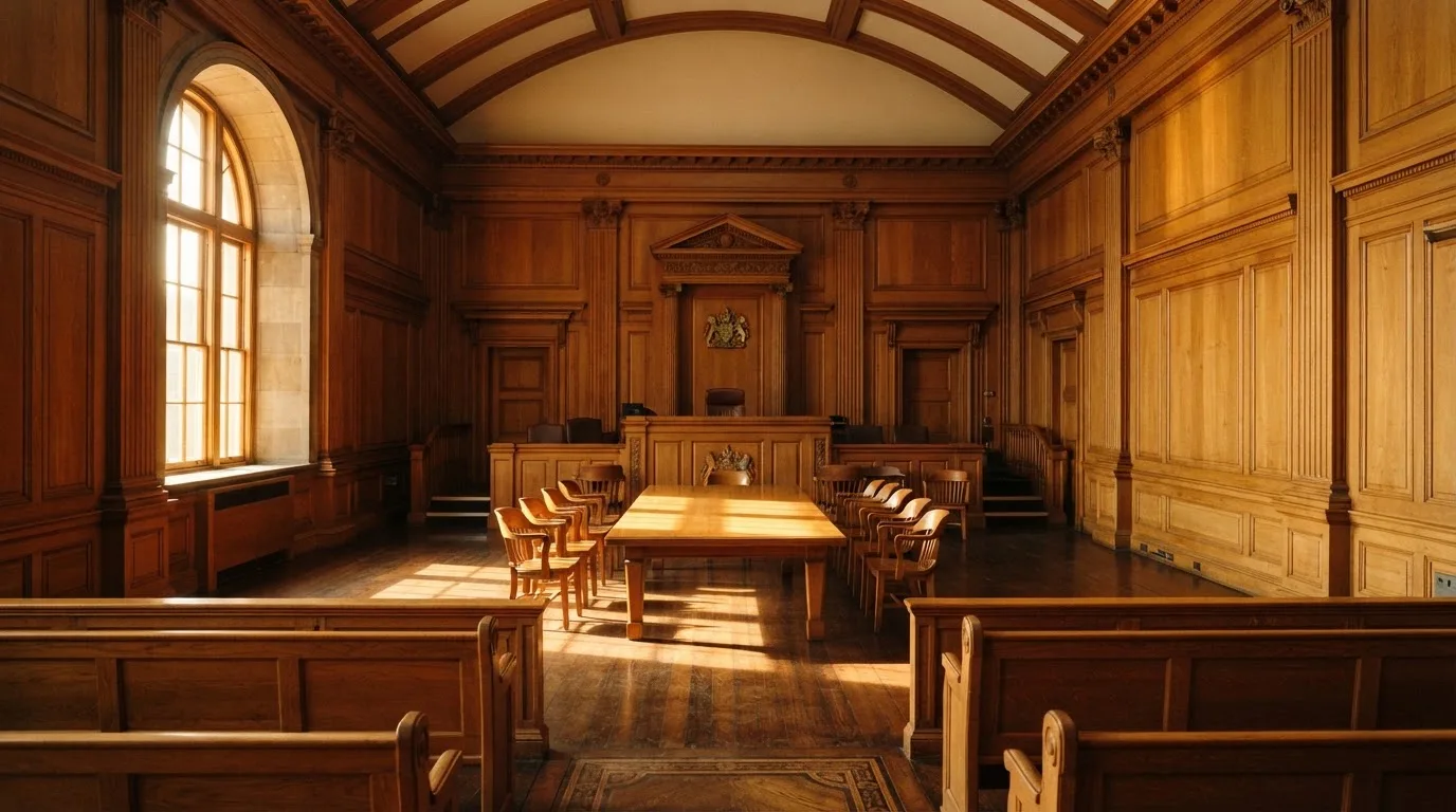 Sala de tribunal vazia com painéis de madeira, à luz da manhã — online casinos em portugal