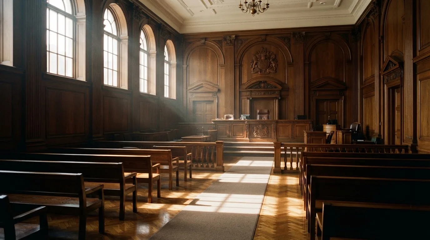Sala de tribunal vazia com painéis de madeira, à luz da manhã — páginas de casino em portugal