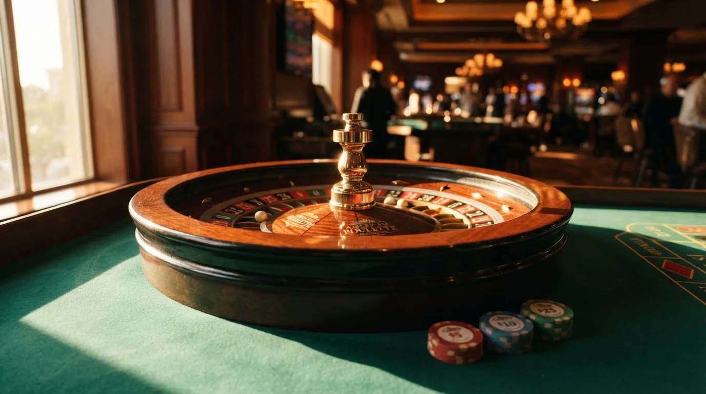 Roda de roleta e fichas sobre feltro verde, sob uma luz quente de fim de tarde — páginas de casino em portugal