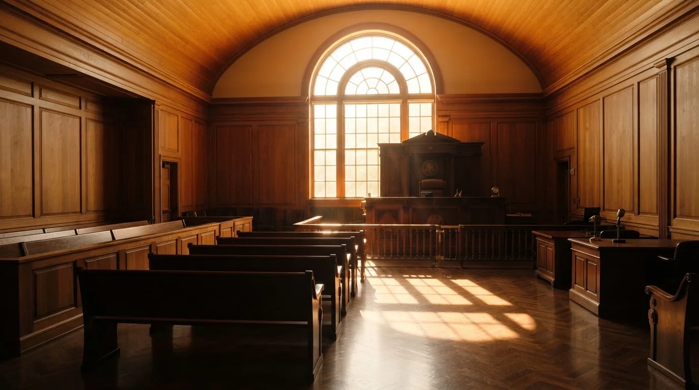 Sala de tribunal vazia com painéis de madeira, à luz da manhã — probabilidades de roleta pt