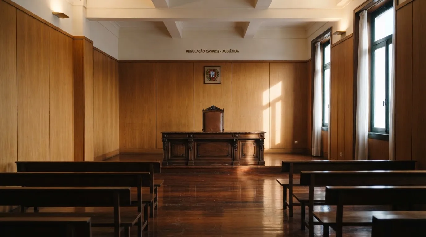 Sala de tribunal vazia com painéis de madeira, à luz da manhã — promoções de casino em portugal