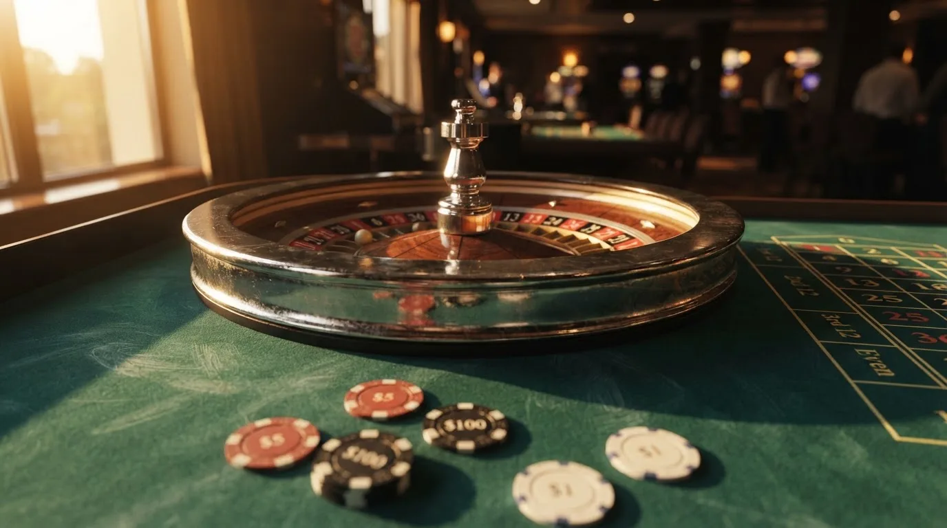 Roda de roleta e fichas sobre feltro verde, sob uma luz quente de fim de tarde — promoções de casino em portugal