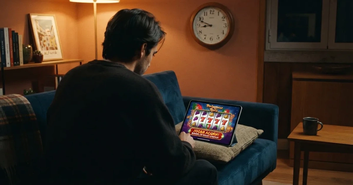 Pessoa num sofá a olhar pensativa para um tablet, com um relógio na parede atrás — promoções de casino em portugal