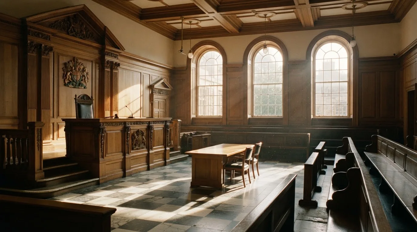 Sala de tribunal vazia com painéis de madeira, à luz da manhã — regras da roleta pt