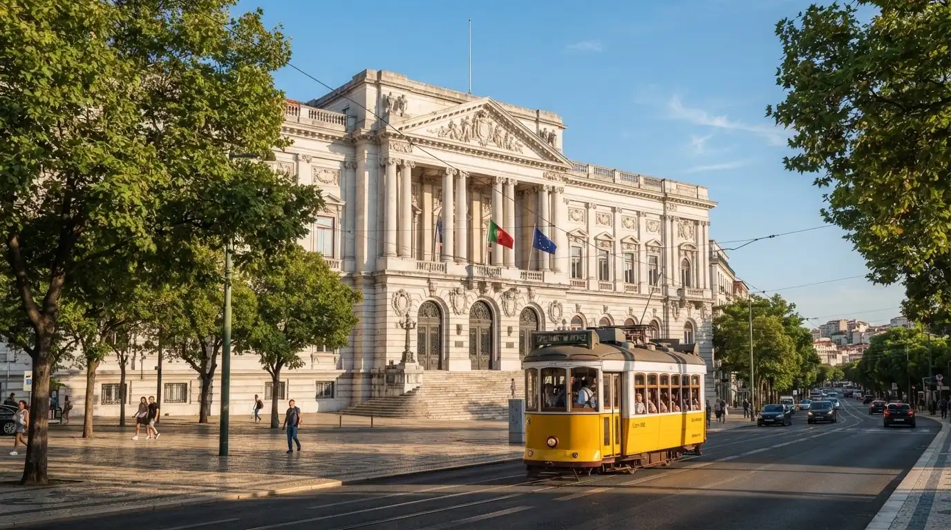 Edifício institucional de pedra com colunas junto a uma avenida lisboeta, céu limpo, elétrico amarelo ao longe, fotografia de rua.