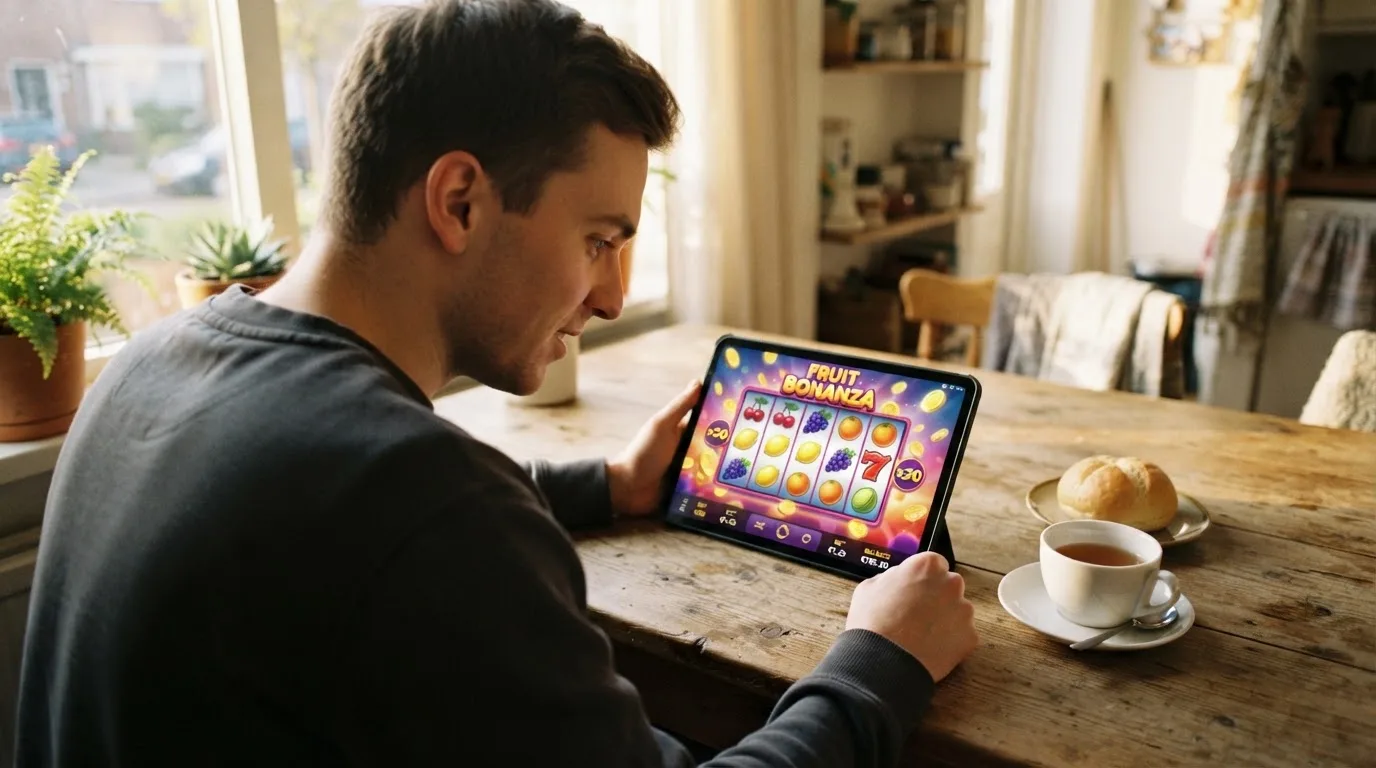Jovem sentado à mesa da cozinha a explorar um tablet com ar curioso, chávena de chá e pão sobre a mesa, luz da manhã.