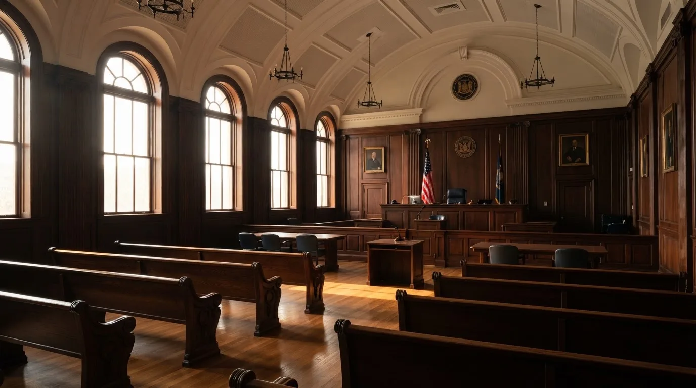 Sala de tribunal vazia com painéis de madeira, à luz da manhã — roleta americana em portugal