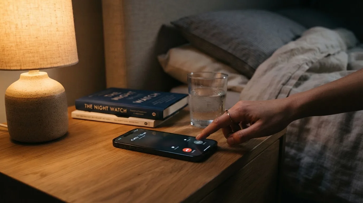 Mão a desligar um telemóvel sobre uma mesa de cabeceira, ao fim da noite, com um candeeiro suave e um livro por perto.