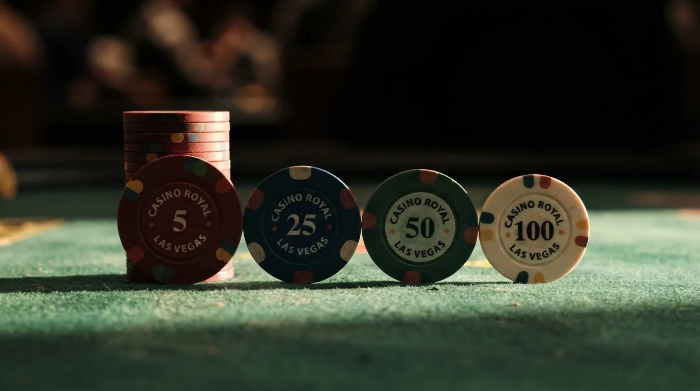 Quatro fichas de casino de alturas diferentes em fila, da mais alta à mais baixa, sobre feltro verde, com fundo desfocado.