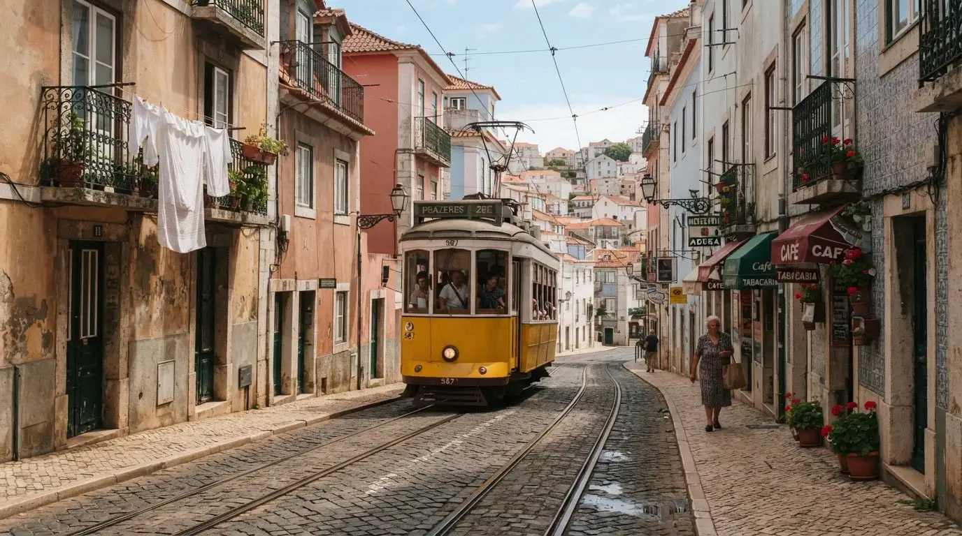 Rua tranquila do centro de Lisboa com elétrico amarelo a subir a calçada e edifícios antigos de fachadas coloridas.