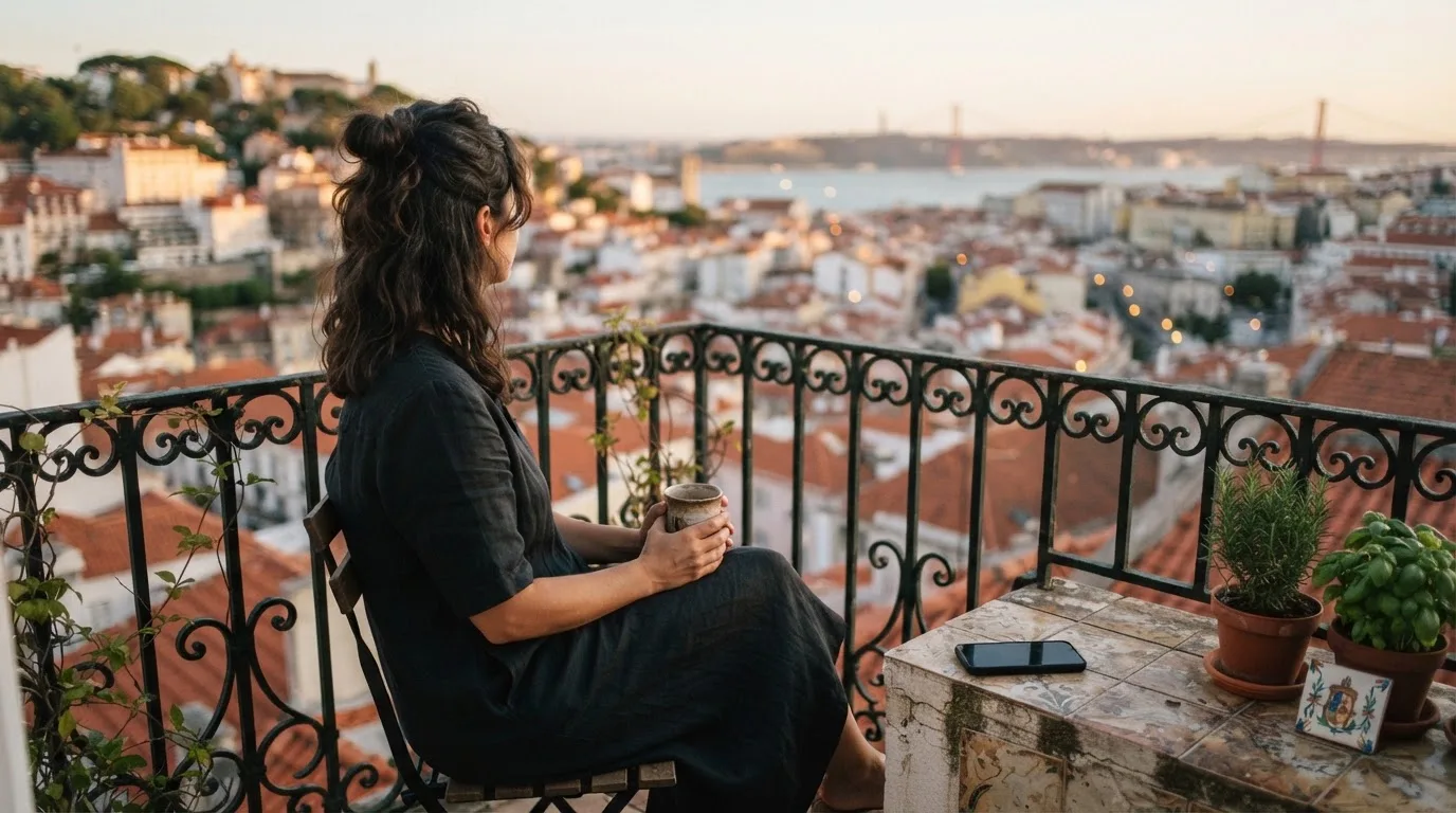 Mulher a fazer uma pausa numa varanda com vista para telhados portugueses, a beber chá, com o telemóvel pousado ao lado.