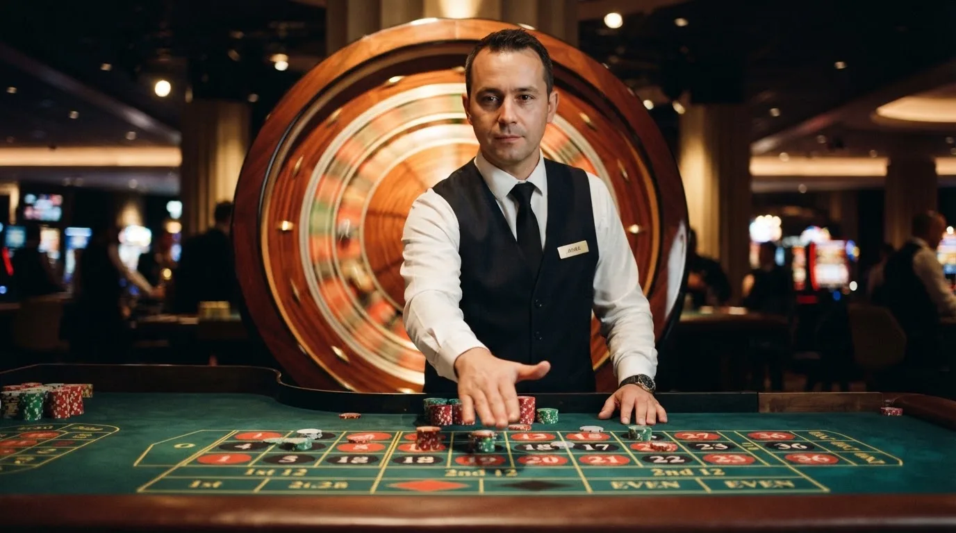 Croupier a anunciar o fim das apostas com a mão estendida sobre o feltro, enquanto a roda gira atrás, em plano médio.