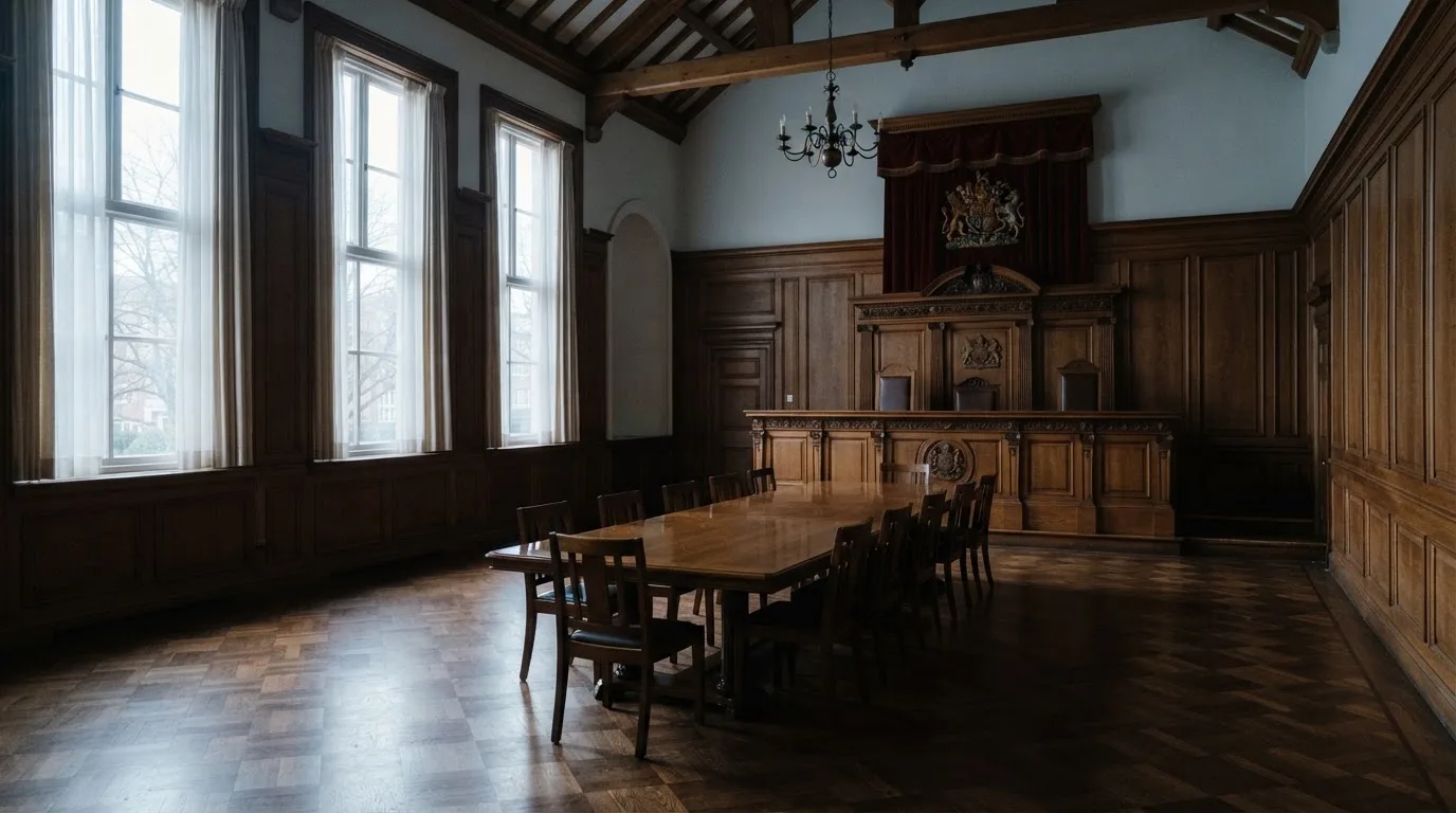 Sala de tribunal vazia com painéis de madeira, à luz da manhã — roleta casino em portugal