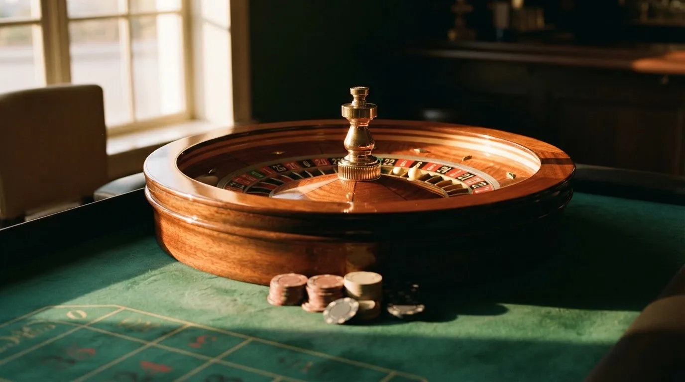 Roda de roleta e fichas sobre feltro verde, sob uma luz quente de fim de tarde — roleta casino em portugal