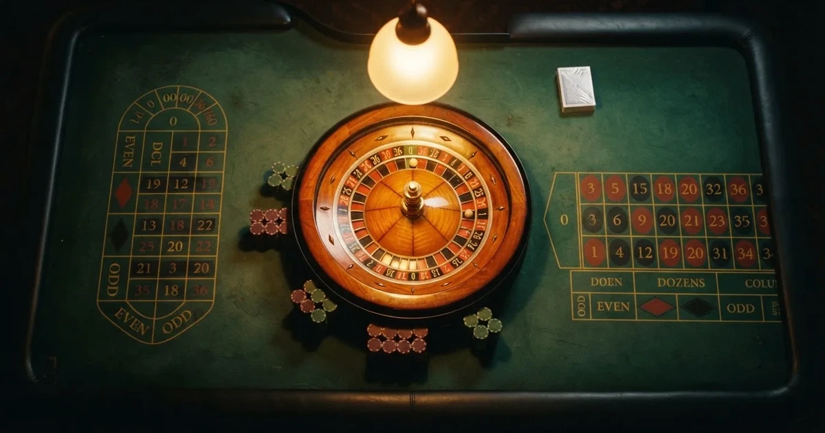 Mesa de jogo iluminada com cartas, vista de cima — roleta casino em portugal