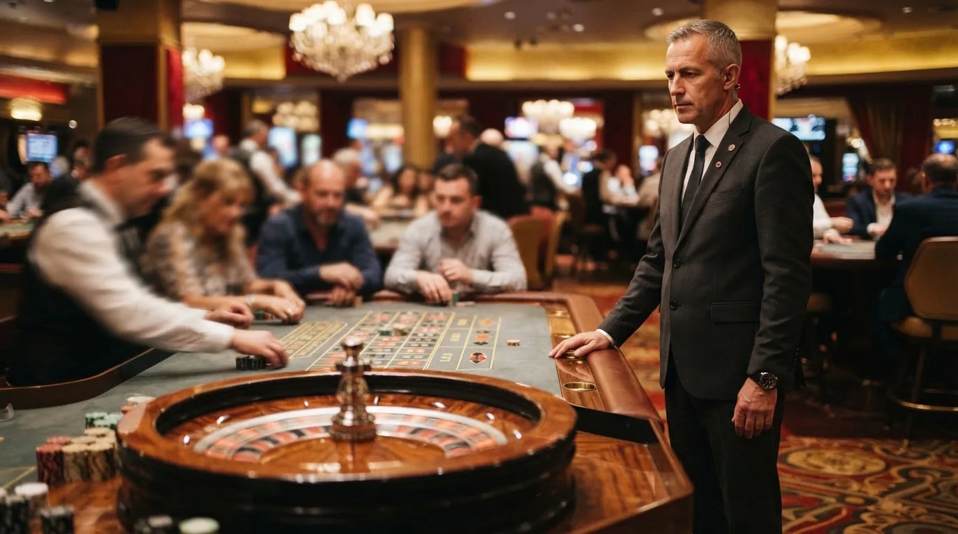 Fiscal de sala de casino de fato escuro a observar atentamente uma mesa de roleta, com jogadores desfocados ao fundo.