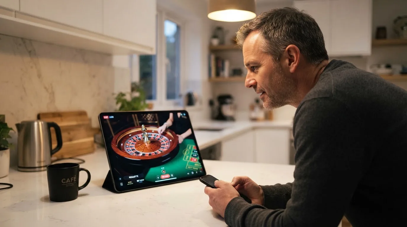 Jogador de meia-idade a ver uma transmissão de roleta num tablet, apoiado na bancada de uma cozinha moderna, com expressão atenta.