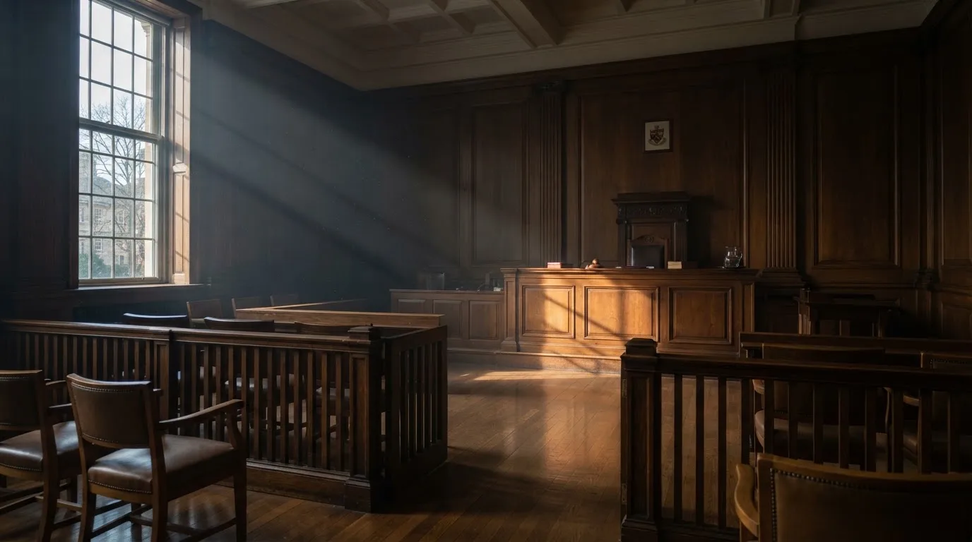 Sala de tribunal vazia com painéis de madeira, à luz da manhã — roleta francesa em portugal