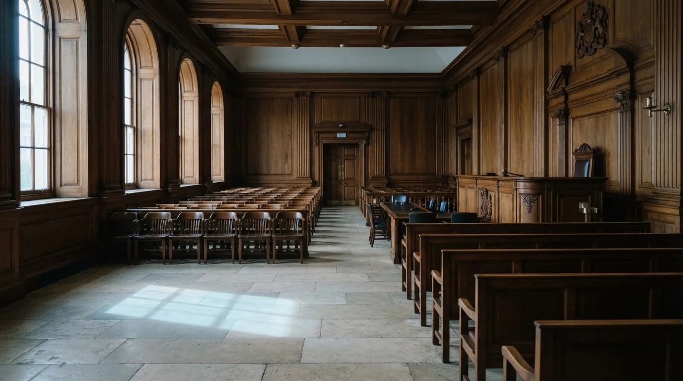 Sala de tribunal vazia com painéis de madeira, à luz da manhã — roleta grátis em portugal