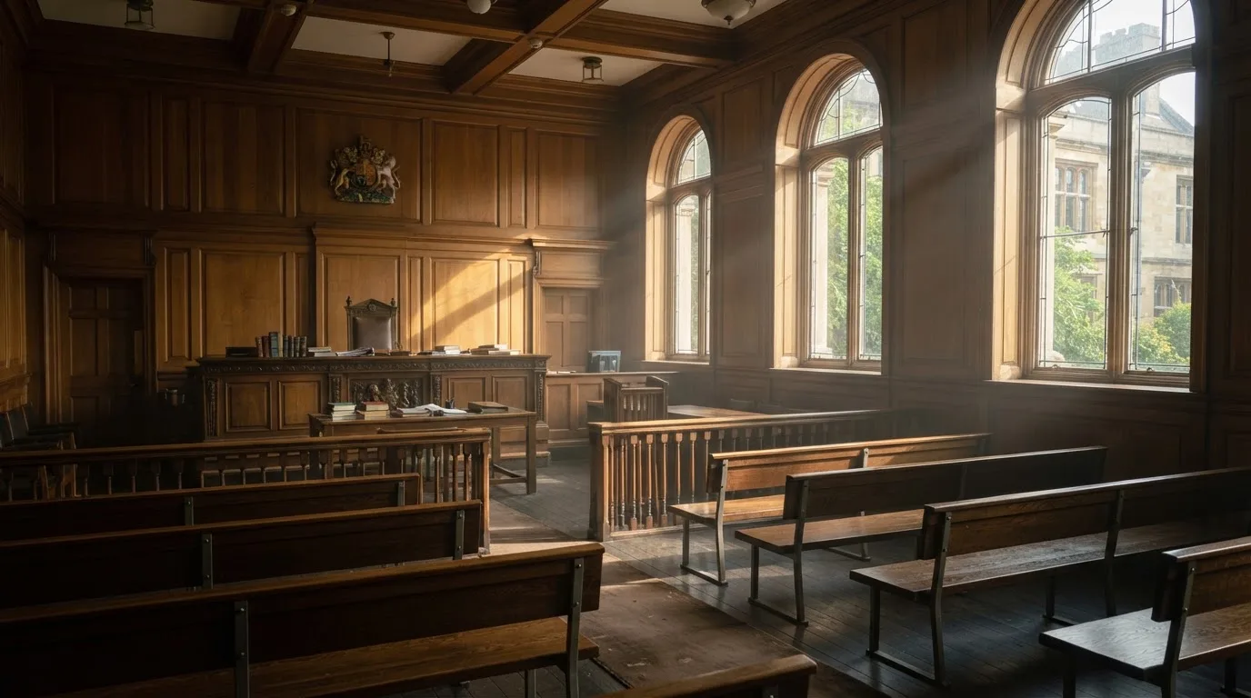 Sala de tribunal vazia com painéis de madeira, à luz da manhã — roleta online grátis pt