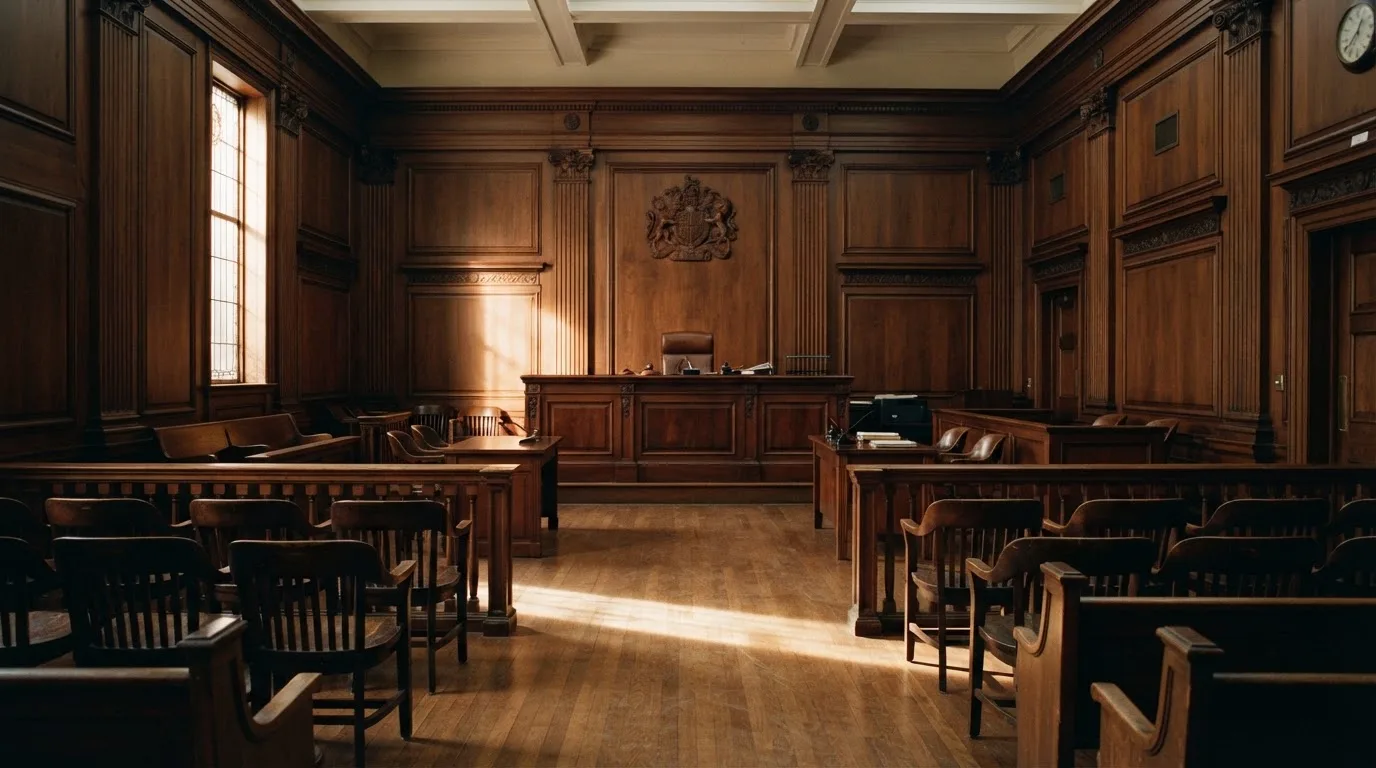 Sala de tribunal vazia com painéis de madeira, à luz da manhã — roleta online por dinheiro em portugal