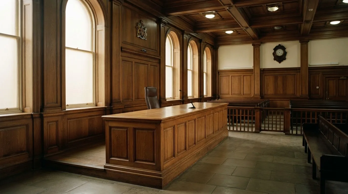 Sala de tribunal vazia com painéis de madeira, à luz da manhã — roleta virtual em portugal