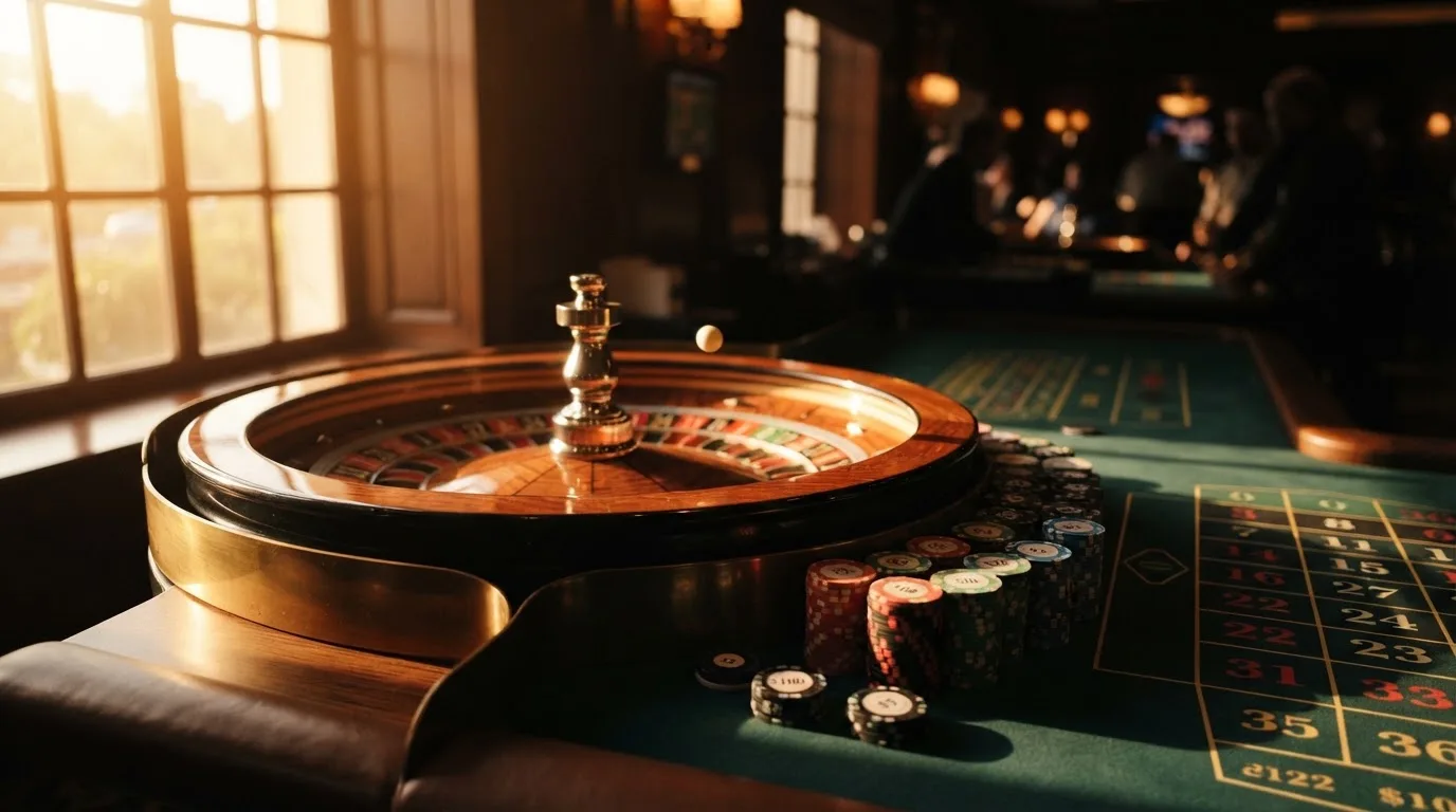 Roda de roleta e fichas sobre feltro verde, sob uma luz quente de fim de tarde — sites de casino para os portugueses