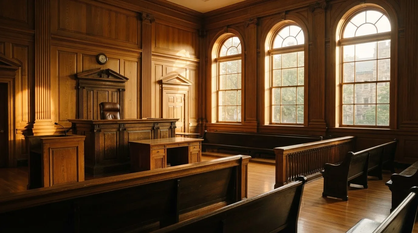 Sala de tribunal vazia com painéis de madeira, à luz da manhã — slot machines em portugal