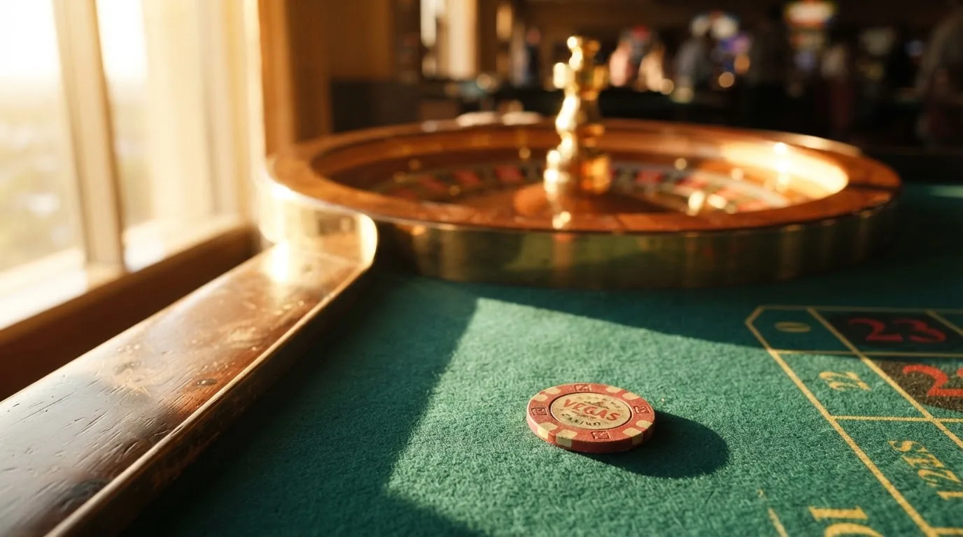Roda de roleta e fichas sobre feltro verde, sob uma luz quente de fim de tarde — slot machines em portugal