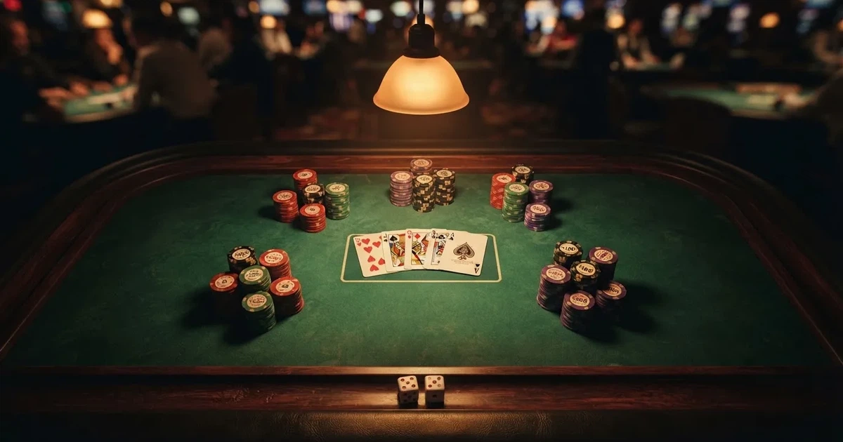 Mesa de jogo iluminada com cartas, vista de cima — slot machines em portugal