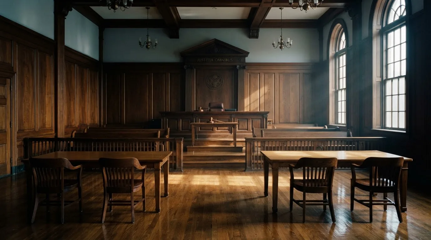 Sala de tribunal vazia com painéis de madeira, à luz da manhã — slots com bonus em portugal