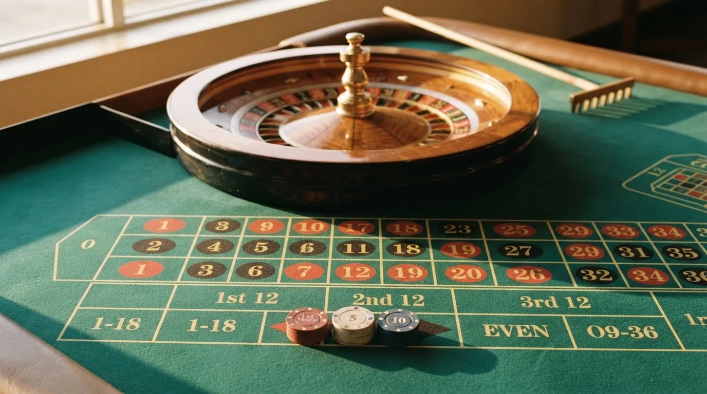 Roda de roleta e fichas sobre feltro verde, sob uma luz quente de fim de tarde — slots com bonus em portugal
