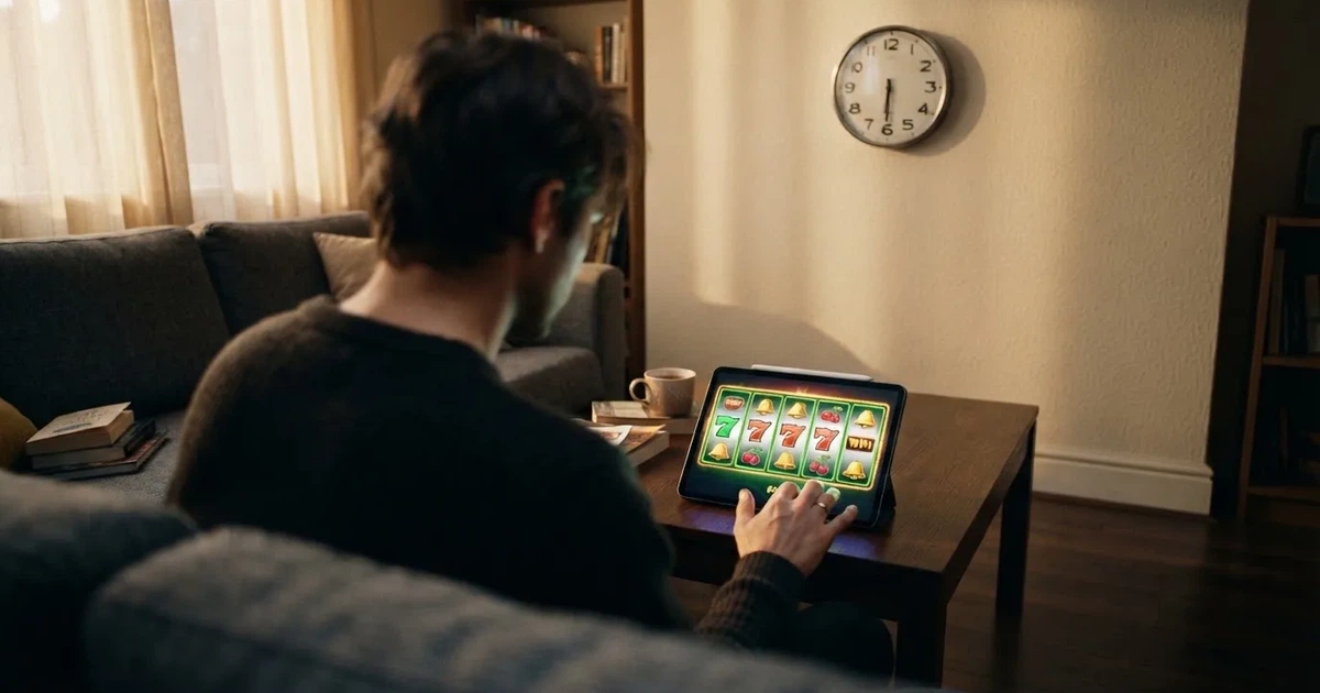 Pessoa num sofá a olhar pensativa para um tablet, com um relógio na parede atrás — slots com bonus em portugal
