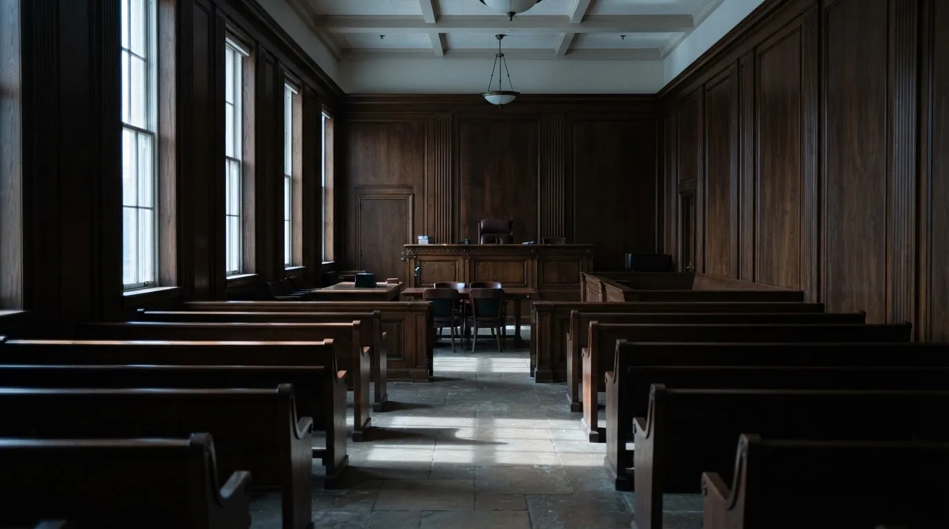 Sala de tribunal vazia com painéis de madeira, à luz da manhã — slots demo em portugal