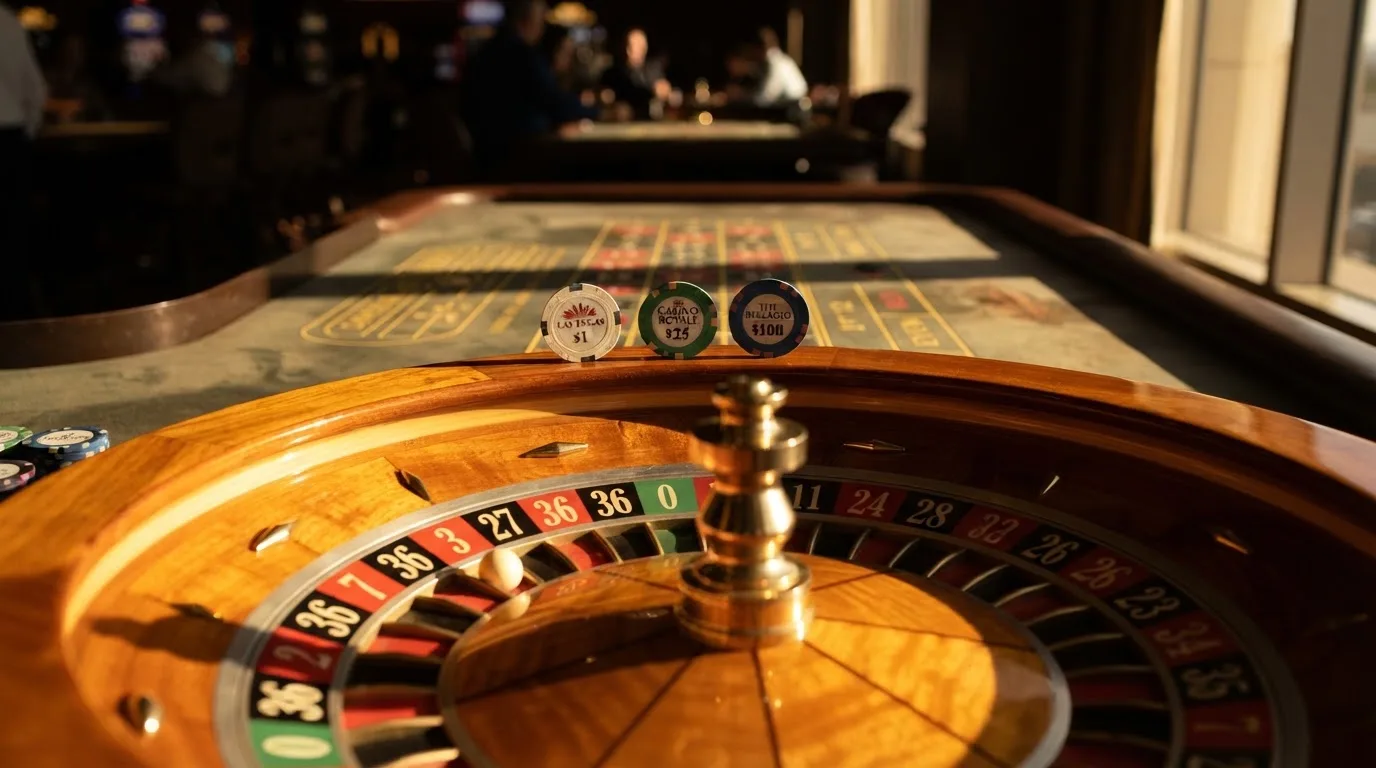 Roda de roleta e fichas sobre feltro verde, sob uma luz quente de fim de tarde — slots demo em portugal
