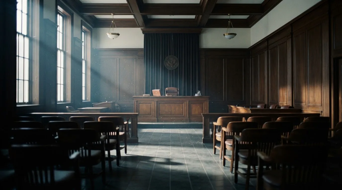 Sala de tribunal vazia com painéis de madeira, à luz da manhã — slots grátis em portugal