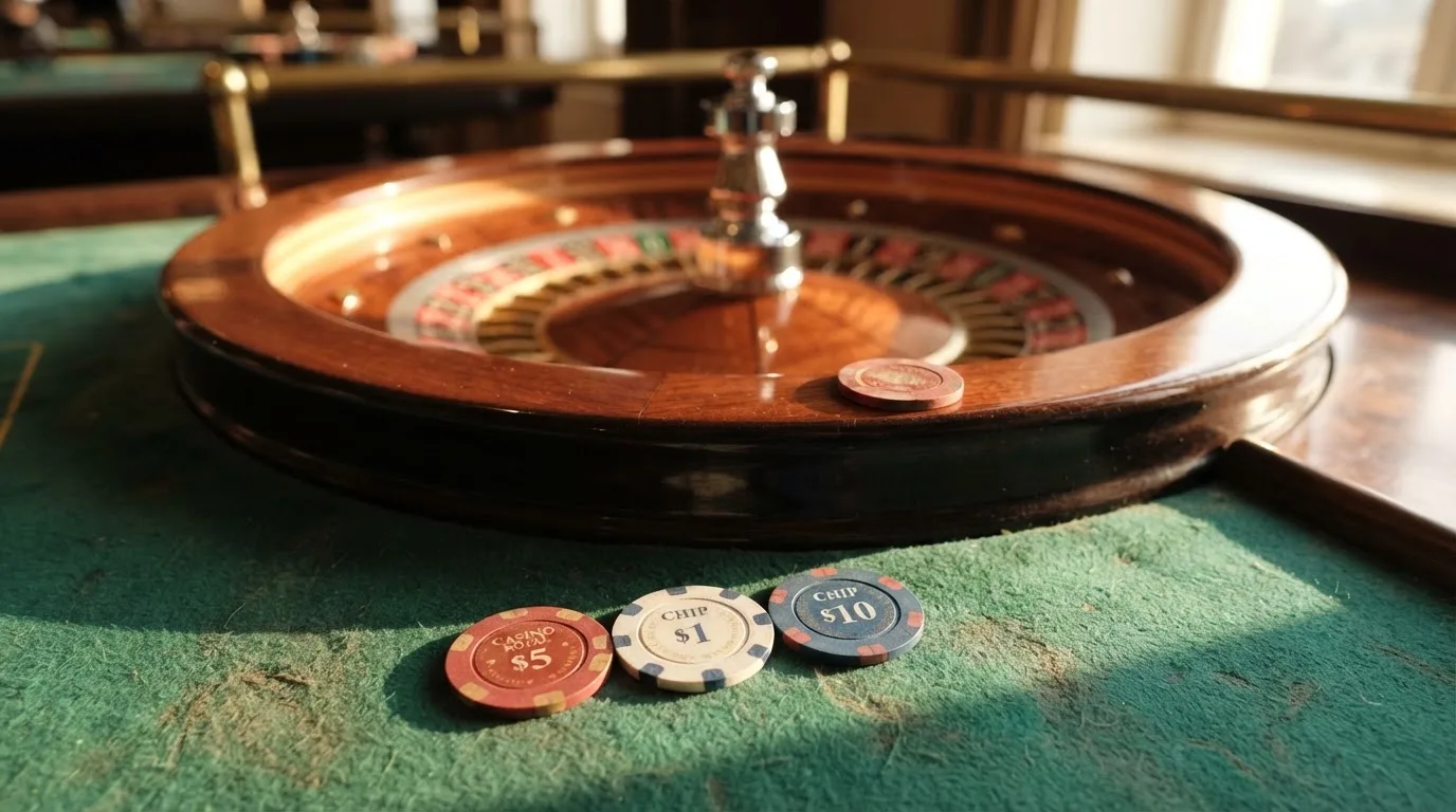Roda de roleta e fichas sobre feltro verde, sob uma luz quente de fim de tarde — slots grátis em portugal