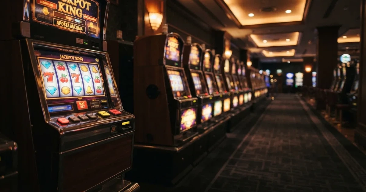Fila de máquinas de slots num casino em Portugal vistas de lado, com rolos iluminados e carpete escura, sem pessoas, fotografia de interior.