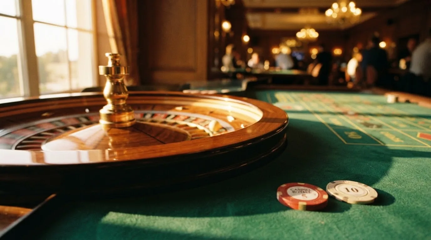Roda de roleta e fichas sobre feltro verde, sob uma luz quente de fim de tarde — slots por dinheiro em portugal