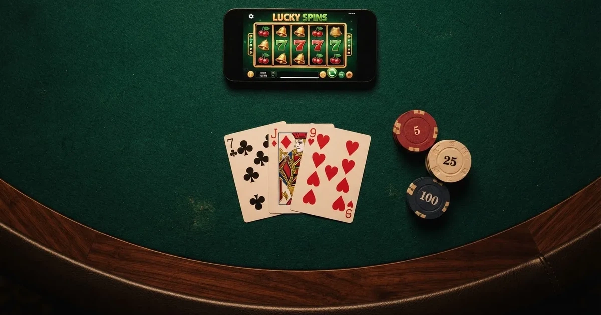 Mesa de jogo iluminada com cartas, vista de cima — slots por dinheiro em portugal