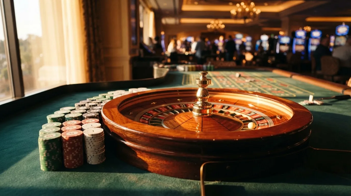 Roda de roleta e fichas sobre feltro verde, sob uma luz quente de fim de tarde — tabelas de blackjack em portugal