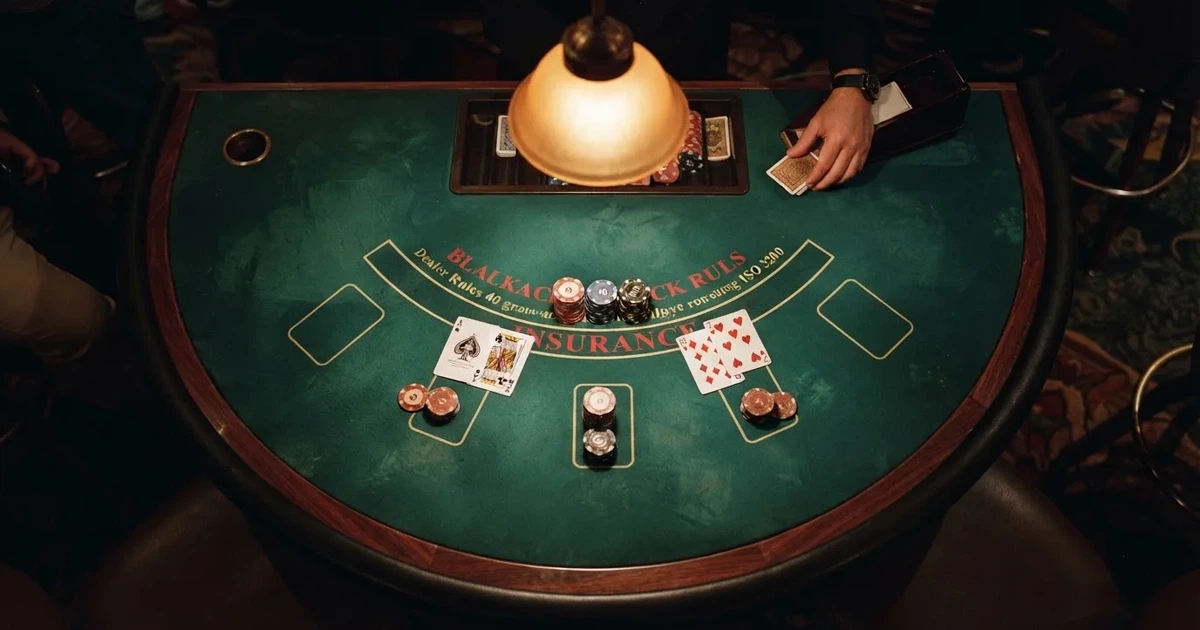 Mesa de jogo iluminada com cartas, vista de cima — tabelas de blackjack em portugal