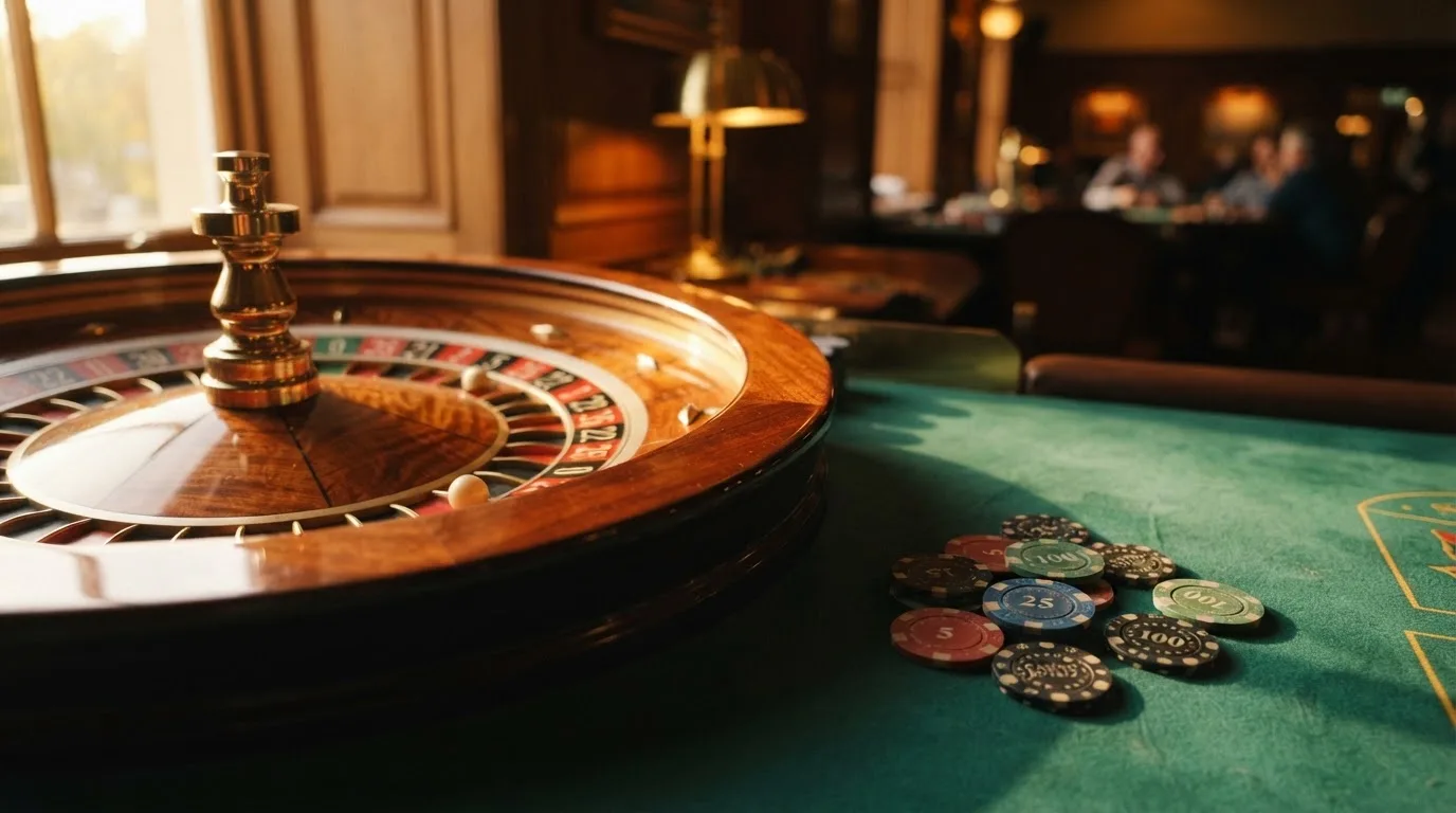 Roda de roleta e fichas sobre feltro verde, sob uma luz quente de fim de tarde — top casinos em portugal