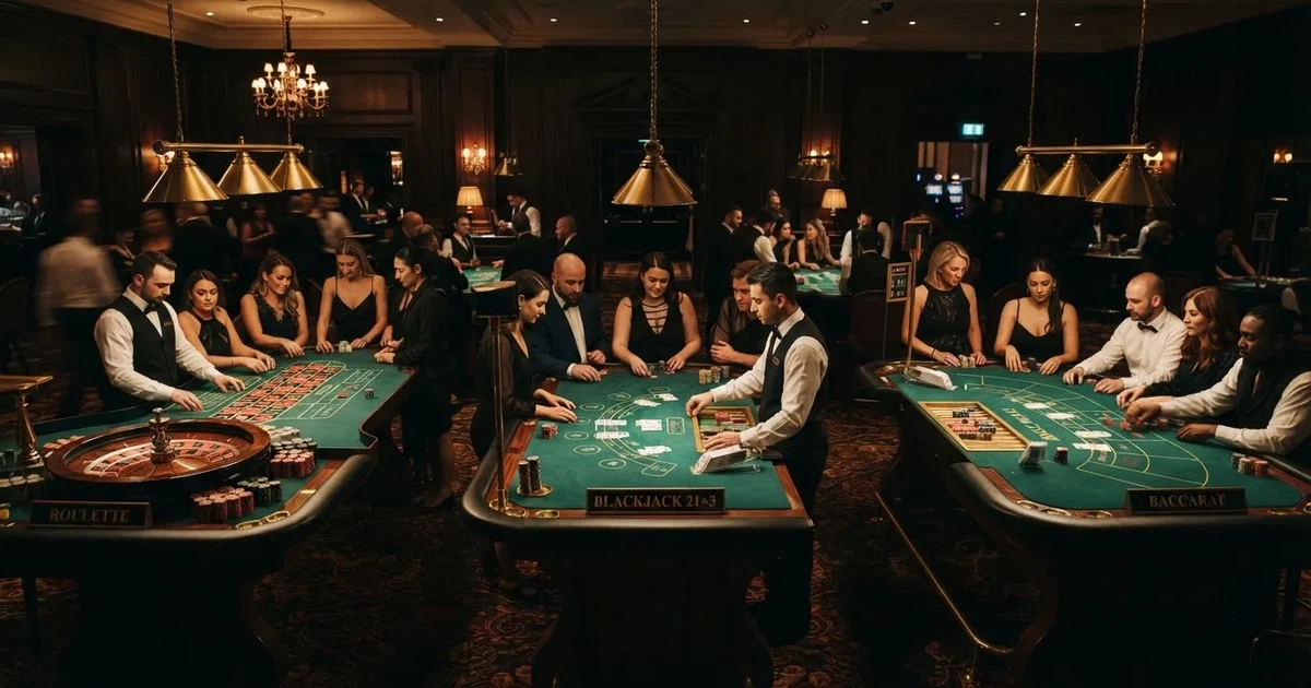 Três mesas de jogo diferentes lado a lado numa sala calma e calorosamente iluminada — top casinos em portugal
