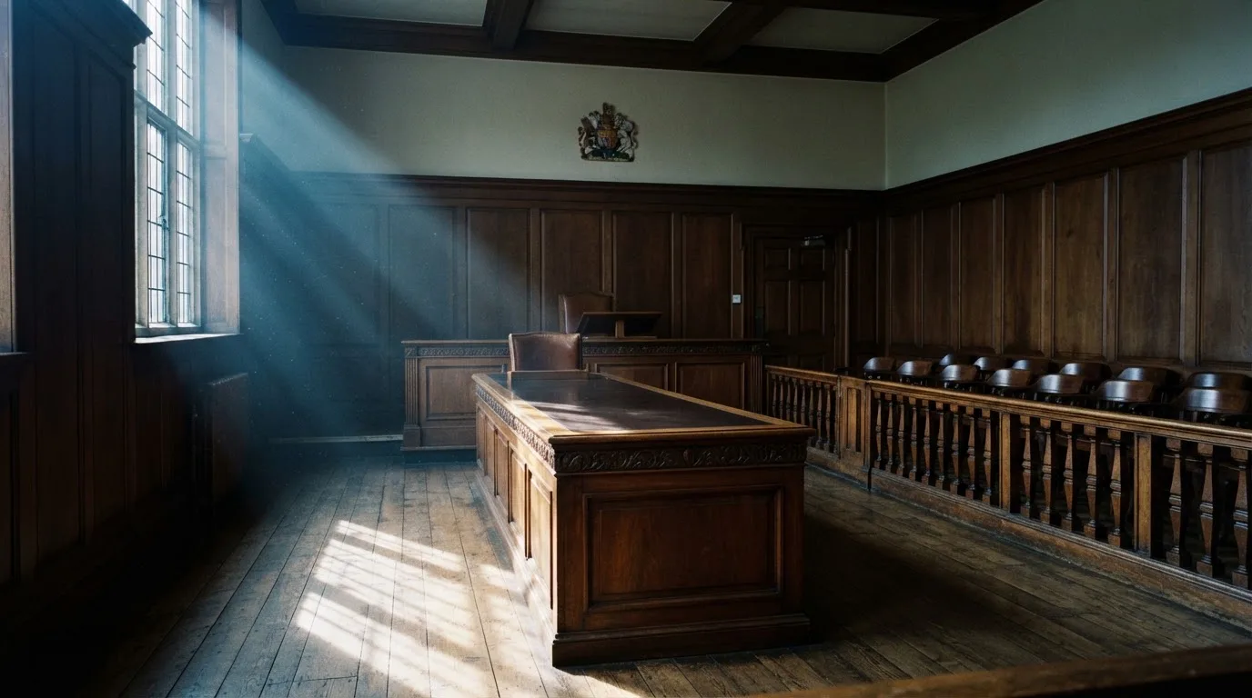Sala de tribunal vazia com painéis de madeira, à luz da manhã — truques de casino em portugal