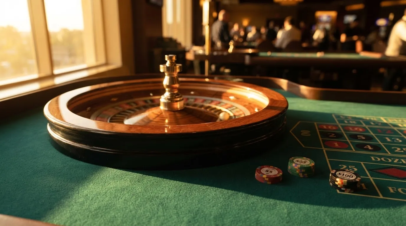 Roda de roleta e fichas sobre feltro verde, sob uma luz quente de fim de tarde — truques de casino em portugal